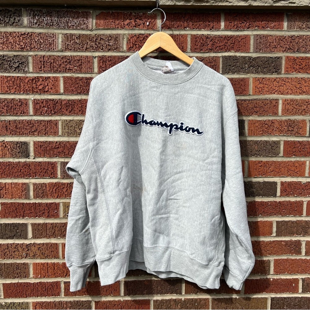 Champion Gray Oversized Heavy Duty Graphic Pullover Crewneck Sweatshirt
